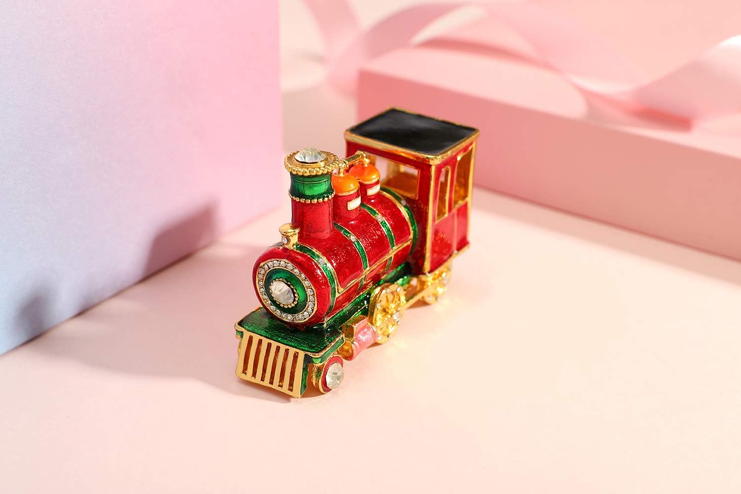 Mini Steam Train Jewelry Trinket Box Hinged Enameled Crystal Ornaments Gift for Home Decor